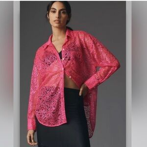 Anthropologie bright pink metallic lace top